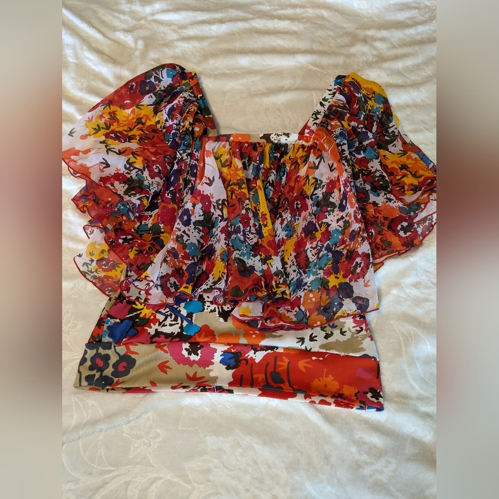 Multi color floral fancy ruffled top